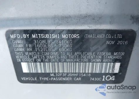 2017 Mitsubishi Mirage G4 Es z USA, uszkodzony, nr VIN ML32F3FJ6HHF15418